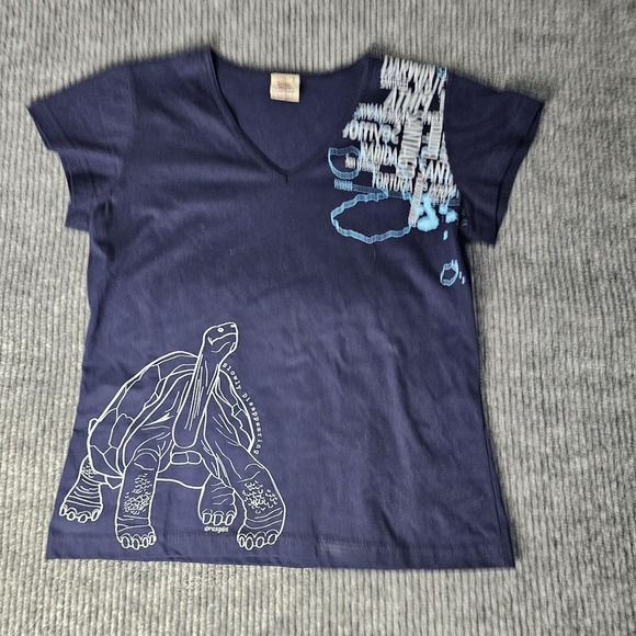 Rasgos Tops - Rasgos Shirt Womens Large Blue V Neck Galapagos Turtle Graphic Top Tee